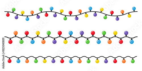 Simple Christmas lights borders in flat style. Vector design of colorful string lightbulb garland. Holiday decorative element for xmas and birthday greeting cards, invitations, banners, posters