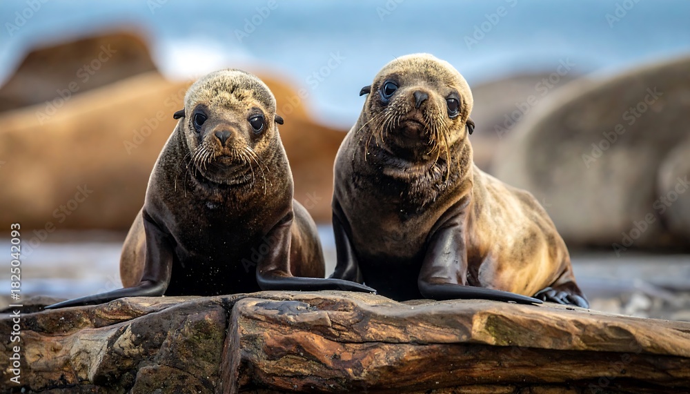 Fototapeta premium Two young seals on a rock face