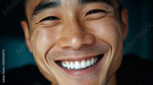 Close up portrait of handsome young Japanese man smiling at the camera.