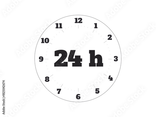 Time management, availability, customer service, reliability, deadline tracking, scheduling. Circular layout with 24 h centered, surrounded by clock numbers. Time management and availability