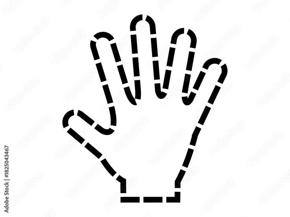 Fototapeta premium Connection, technology, digital interaction, communication, identity, creativity. Dashed line hand outline with five fingers raised. Connection and technology are