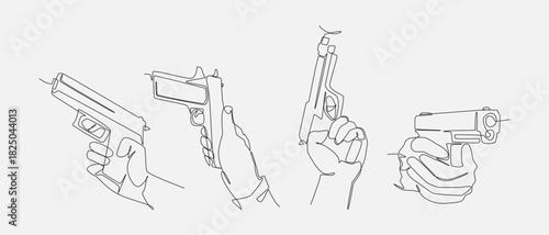 Hands holding pistol in continuous one line drawing style. Firearm, handgun, weapon, military, crime, sport concept. Vector illustration.