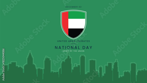 Flat Design UAE National Day Banner with Green Background UAE Shield Emblem and Minimal City Skyline Outline for Celebration Poster