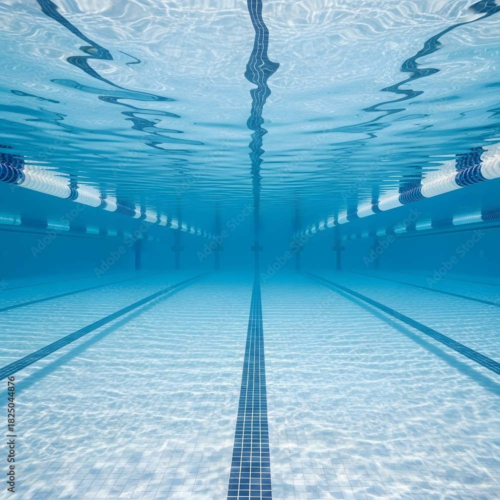 Obraz premium Crystal clear water in an empty swimming pool with visible lane lines from an underwater perspective.