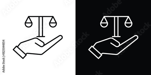 Justice scales in Hand icons big set. A collection of simple black symbols