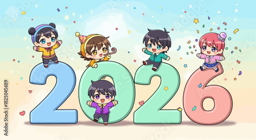 Cute anime characters joyfully celebrate the 2026 New Year with vibrant numbers, embracing new beginnings and a festive spirit for the future