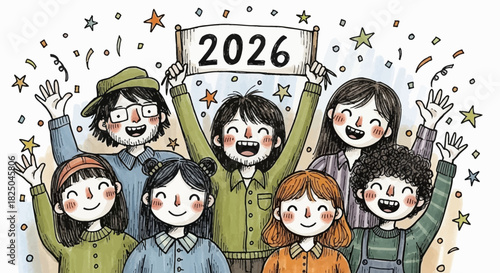 Group of happy children celebrating the year 2026 with a banner and confetti