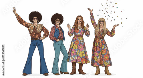 Capturing the Essence of an Era Four Enthusiastic Characters Embracing 60s and 70s Retro Fashion with Joy and Celebration