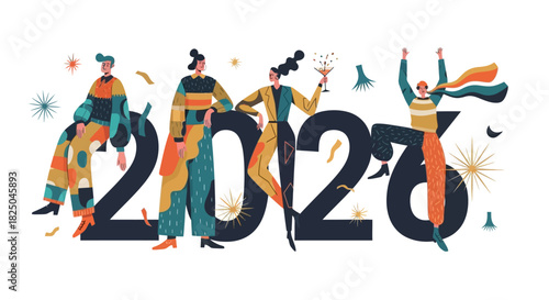Celebrate the New Year with stylish people in festive attire amidst the digits of 2026