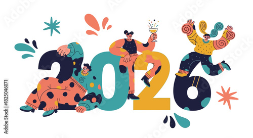 Celebrating the Arrival of 2026 with Joyful People and Festive Decorations