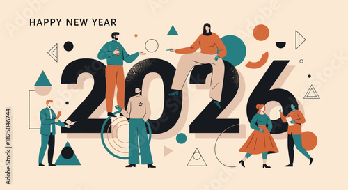 Celebrating the Arrival of 2026 People, Numbers, and Abstract Shapes Forming the Year