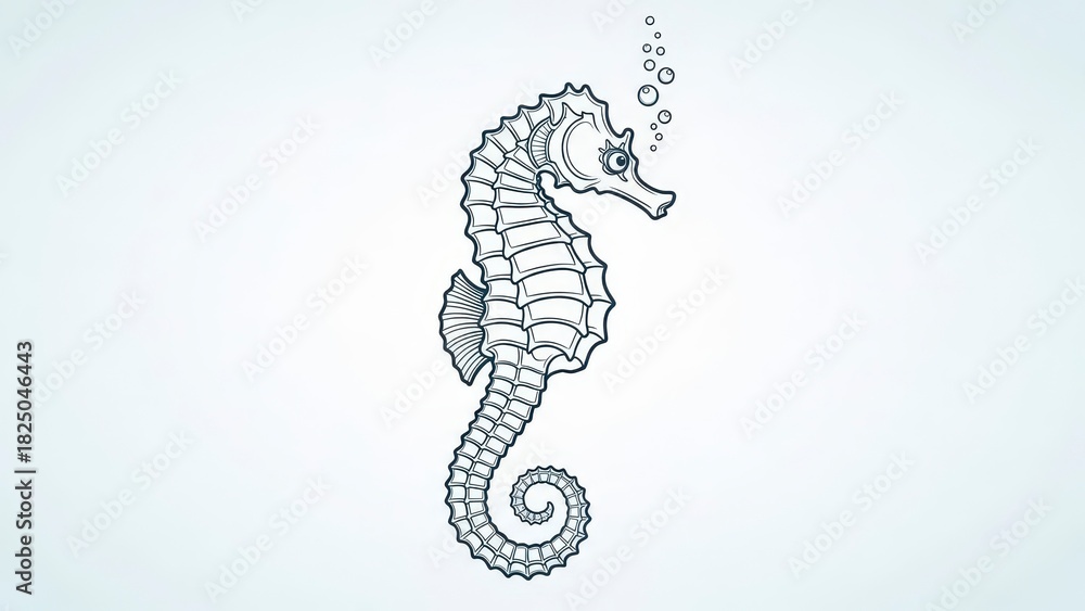Fototapeta premium Detailed Line Drawing of a Seahorse with Bubbles.