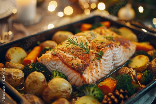Baked salmon with vegetables and herbs