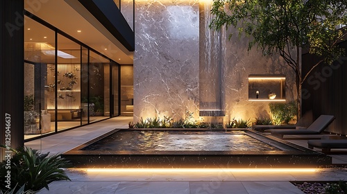 Modern Courtyard With Reflecting Pool And Waterfall Image