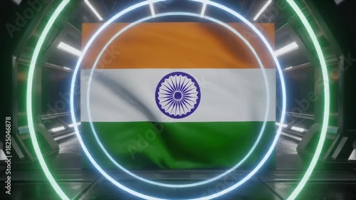 Futuristic tunnel with glowing rings encircling the Indian flag waving proudly