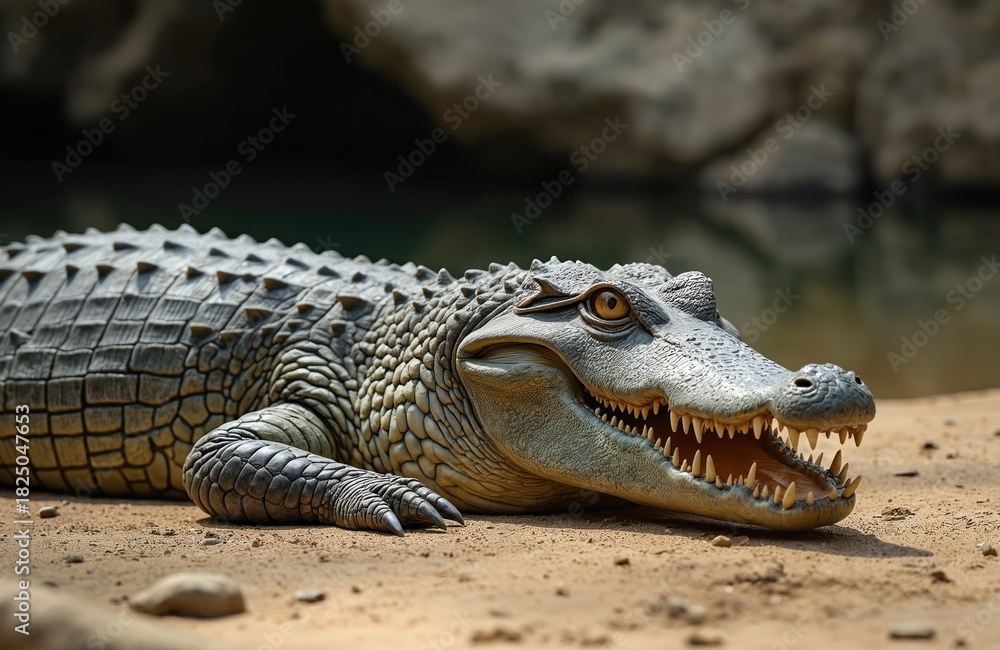 Fototapeta premium Close-up of Nile crocodile resting on sandy riverbank. Reptile displays sharp teeth, powerful jaw. Textured skin intricate scale patterns. Image captures animals predatory nature in natural habitat.