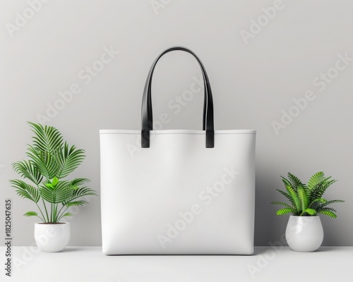A stylish white tote bag displayed with two small plants on a minimalist background.