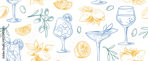 Seamless food pattern showcasing Italian culinary traditions. Hand-drawn doodles of pizza, pasta, cheese, and fresh Mediterranean ingredients for restaurant or recipe design. Vector illustration