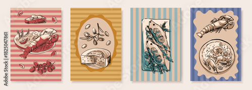 Vintage poster set with Italian summer themes, coastal seafood illustrations, and Mediterranean beach vibes perfect for retro party decor or travel inspired prints. Vector Illustration