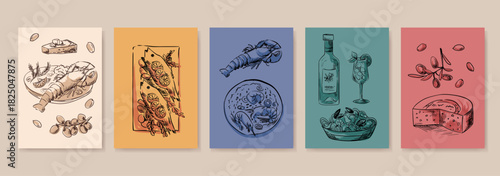 Vintage poster set with Italian summer themes, coastal seafood illustrations, and Mediterranean beach vibes perfect for retro party decor or travel inspired prints. Vector Illustration