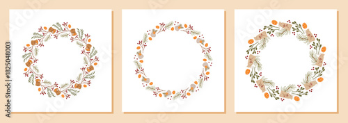 Flat pack of round xmas wreath garland. Red border and kraft decor with holiday collection for christmas box or gift. Seasonal ornament for winter holiday, festive decoration set.