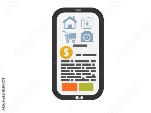 E-commerce, online shopping, digital payment, mobile apps, retail navigation, web design. Smartphone screen showing shopping cart, payment and navigation icons. E-commerce and online shopping