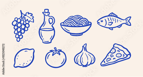 Mediterranean food doodle vector set. Hand drawn pizza, pasta, fish and olive oil bottle. Blue sketch illustrations for menu design and italian cuisine branding