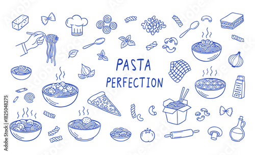 Italian pasta doodle vector set with chef hat. Hand drawn spaghetti, farfalle, ravioli and cooking tools. Blue sketch illustrations for restaurant menu and dinner.