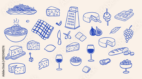 Italian appetizers doodle vector set. Hand drawn cheese variety, wine glass, olives and crackers. Blue sketch illustrations for wine tasting event and snack menu