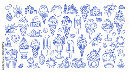 Summer sweet doodle vector set. Hand drawn gelato ice cream, old city architecture and lemon. Blue sketch illustrations for mediterranean vacation and tourism