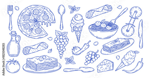 Italian lunch doodle vector set. Hand drawn lasagna, pizza slices, pasta bowl and ice cream dessert. Blue sketch illustrations for mediterranean restaurant menu