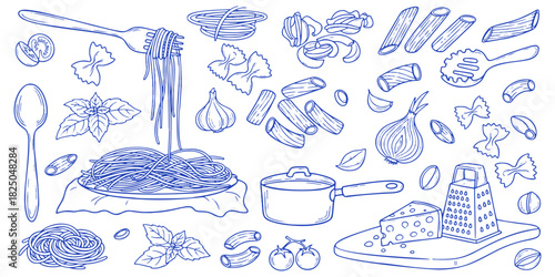 Italian raw pasta doodle vector set. Hand drawn spaghetti, penne, cooking pot, fork and cheese grater. Blue sketch illustrations for food packaging and menu design