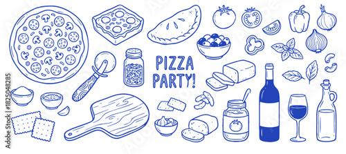 Pizza party cooking doodle vector set. Hand drawn whole pizza, calzone, cutter and fresh ingredients. Blue sketch illustrations for pizzeria menu and italian food branding