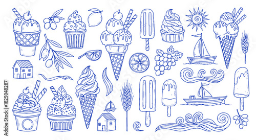 Summer beach doodle vector set. Hand drawn ice cream cone, sea boats, waves and sun. Blue sketch illustrations for mediterranean holiday and dessert cafe branding