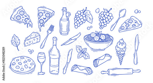 Italian food variety doodle vector set. Hand drawn pizza slice, pasta bowl, wine bottle and grapes. Blue sketch illustrations for restaurant menu, cooking and traditional cuisine