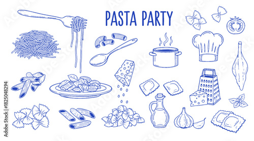 Pasta cooking party doodle vector set. Hand drawn spaghetti, ravioli, chef hat and cooking pot. Blue sketch illustrations for culinary class, restaurant and italian cuisine