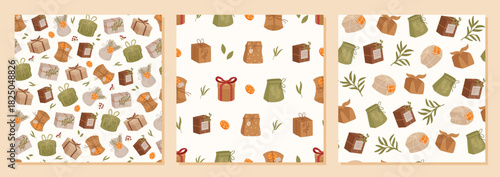 Rustic kraft gift box seamless pattern set, flat green package and present design set. Christmas craft box with rustic pattern, natural set for holiday paper or decor, modern creative background.