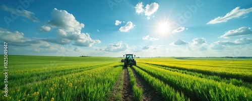 Tractor plows green fields under sunny sky. Agriculture farm machinery works in farming process. Sunlight illuminates cultivated land. Agricultural machine cultivating crop field at daytime.