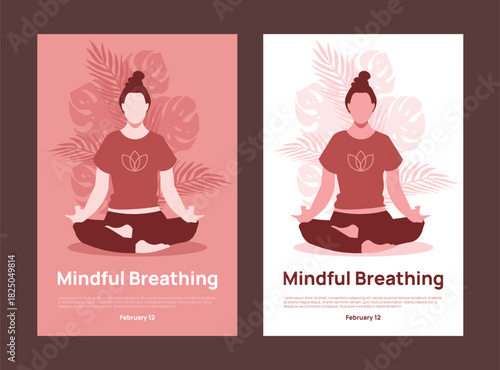 Mindful Breathing Meditation Silhouette with Abstract Leaves and Energy Circle Wellness Illustration