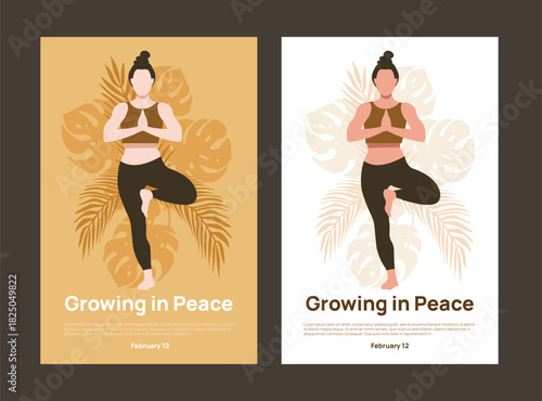 Woman Practicing Tree Pose with Monstera and Palm Leaves