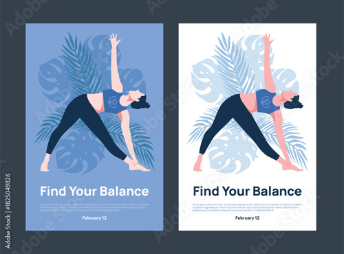 Woman Practicing Triangle Yoga Pose with Monstera and Palm Leaves