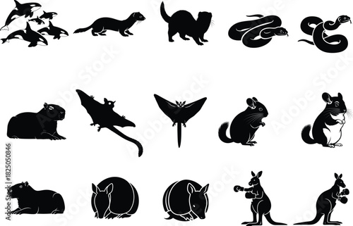 Diverse animal silhouettes collection on white background for creative projects