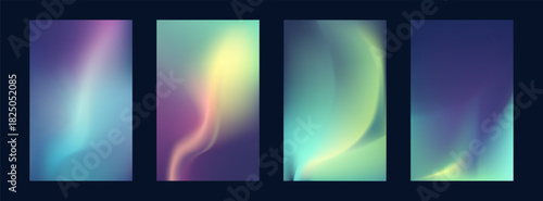 Aurora poster vertical set. Modern northern lights landscape with starry night sky and vibrant blue, purple, green gradients. Minimalist vector cover, social media, flyer, banner, ad design