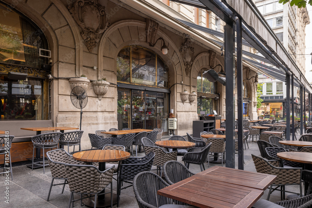 Naklejka premium Outdoor cafe terrace on a city street with tables, chairs, greenery, and large trees providing shade