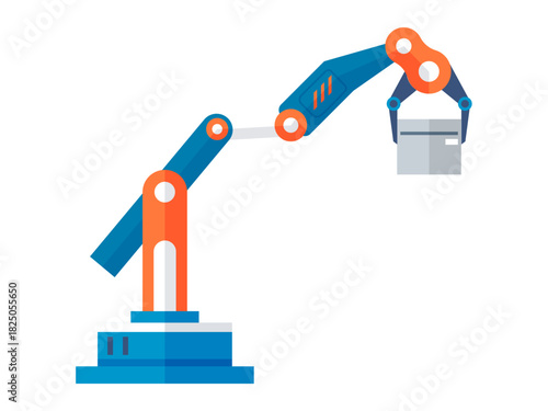 Automation, industrial robotics, manufacturing, technology innovation, machine efficiency, and assembly line solutions. A robotic arm holding a box. Automation and industrial robotics concept