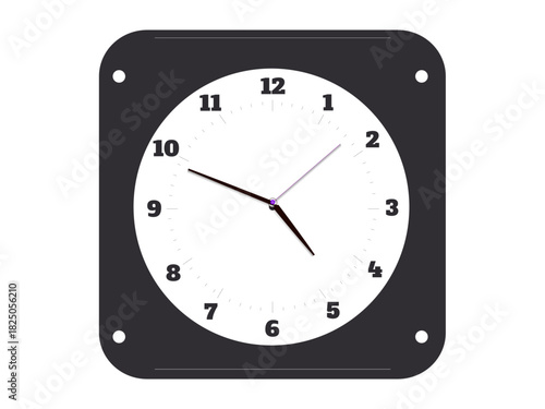 Time management, punctuality, scheduling, office design, timeless concept, classic decor. Square black-framed wall clock with white face and visible hands. Time management and punctuality focus