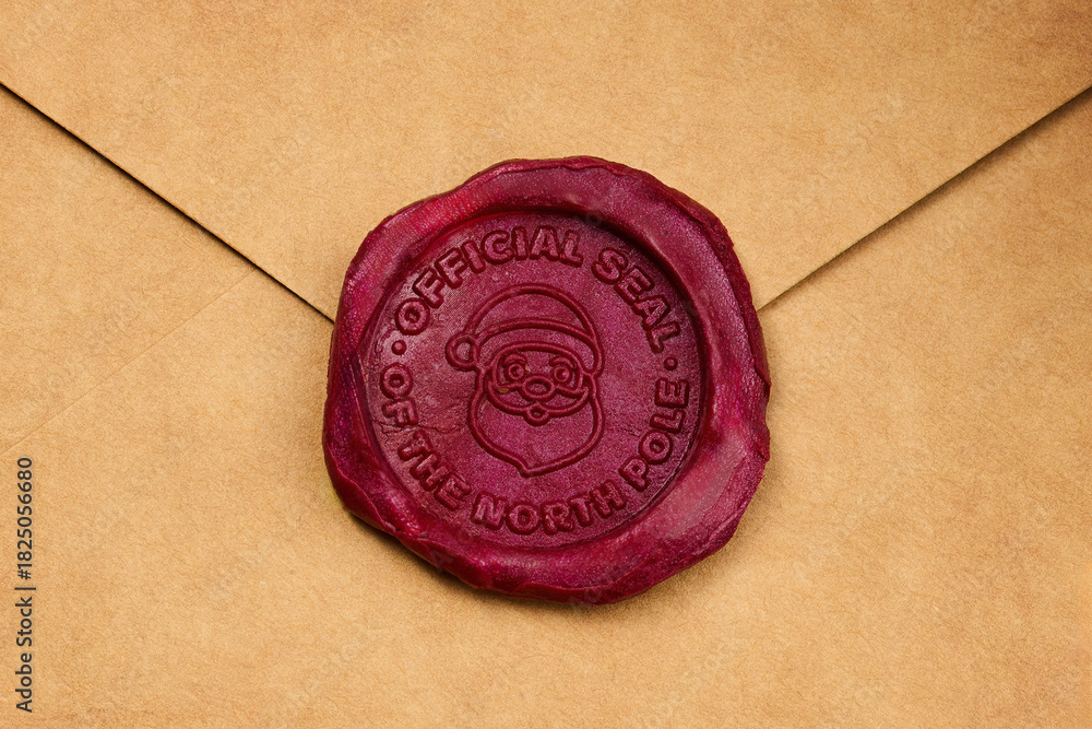 Fototapeta premium North Pole Seal. A red wax seal with Santa's face on a brown envelope