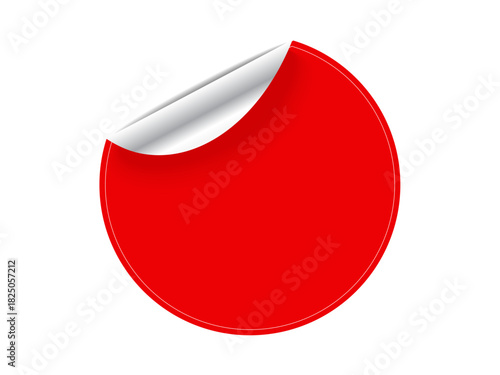 Promotions, branding, marketing material, labeling, packaging design, discounts. A red circular sticker with a peeling corner. Promotions and branding concept with eye-catching appeal