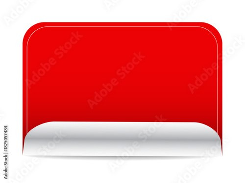 Branding, marketing, advertising, sale notification, price tag, product promotion. A red blank sticker with a curled edge. Branding and marketing concept for price tags and promotions