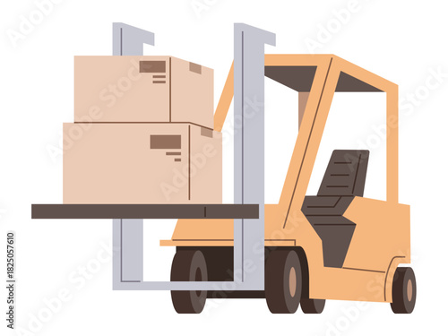 Logistics, transportation, warehouse operations, cargo handling, shipping, supply chain. Forklift lifting stacked cardboard boxes. Logistics and transportation concept